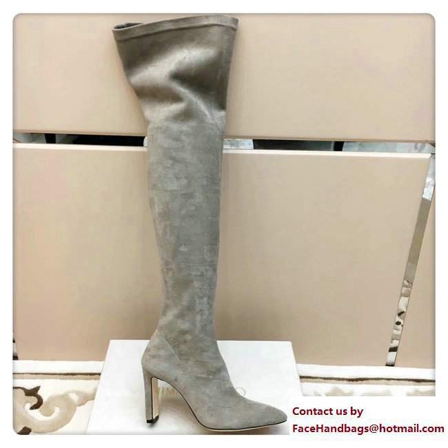 Jimmy Choo Lorraine 85 Velvet Pointy Toe Over The Knee Boots Light Gray 2017