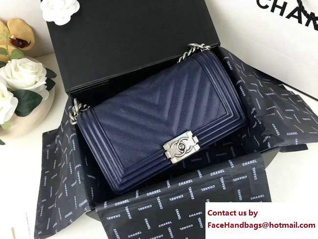 Chanel Caviar Leather Chevron Boy Flap Bag Navy Blue 2017