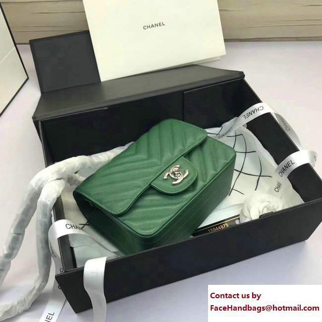 Chanel Caviar Leather Chevron Classic Flap Mini Bag A1115 Green/Silver 2017