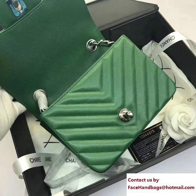 Chanel Caviar Leather Chevron Classic Flap Mini Bag A1115 Green/Silver 2017