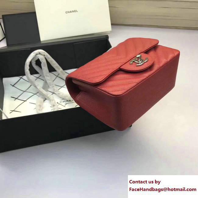 Chanel Caviar Leather Chevron Classic Flap Mini Bag A1115 Red/Silver 2017