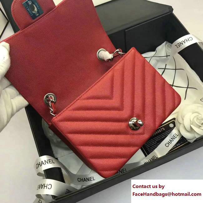 Chanel Caviar Leather Chevron Classic Flap Mini Bag A1115 Red/Silver 2017