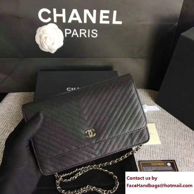 Chanel Caviar Leather Chevron Wallet On Chain WOC Bag Black/Silver 2017