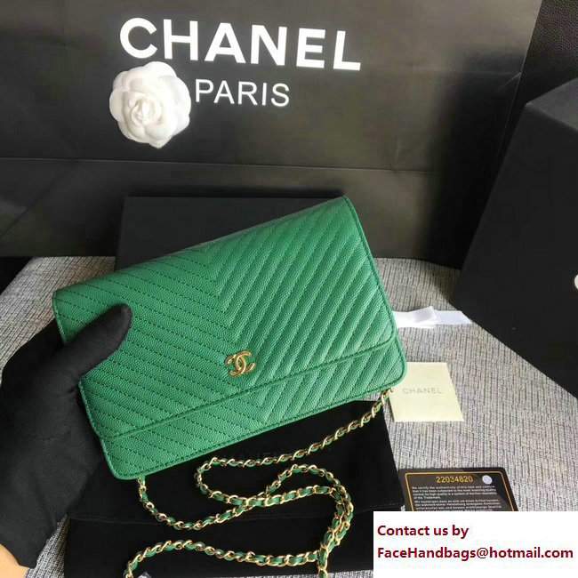 Chanel Caviar Leather Chevron Wallet On Chain WOC Bag Green 2017