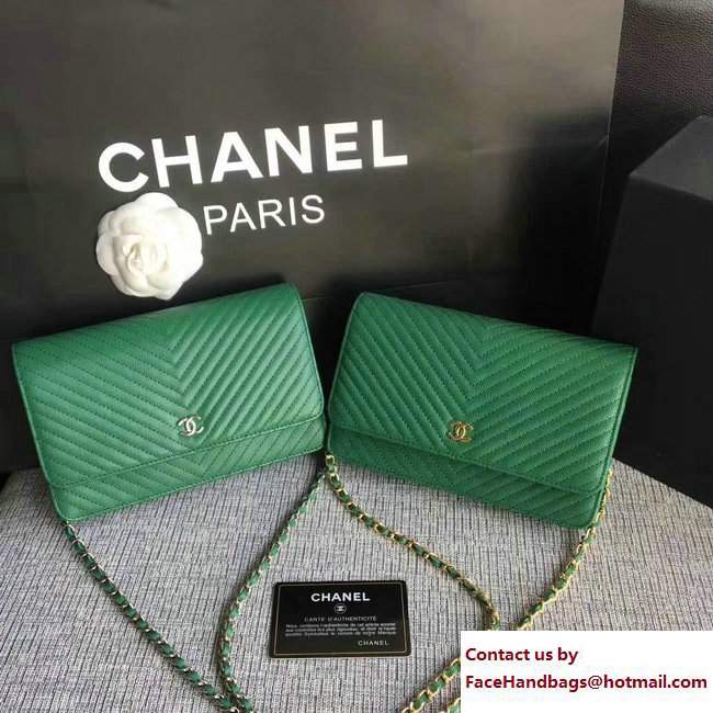 Chanel Caviar Leather Chevron Wallet On Chain WOC Bag Green 2017