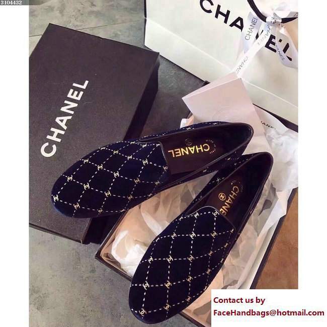 Chanel Logo Print Velvet Loafers G33126 Dark Blue 2017