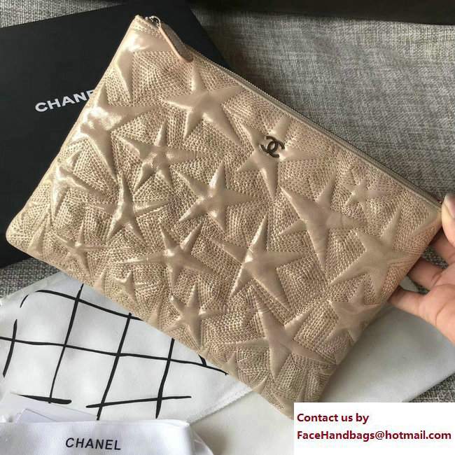 Chanel Metallic Star Embossed Large Pouch Clutch Bag A70101 Beige 2017