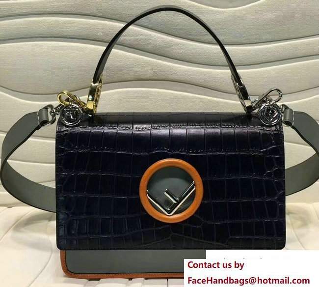 Fendi Croco Pattern Flap Medium Kan I Logo Bag Dark Blue 2017