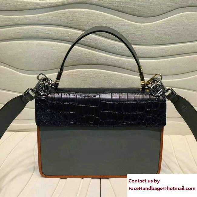 Fendi Croco Pattern Flap Medium Kan I Logo Bag Dark Blue 2017