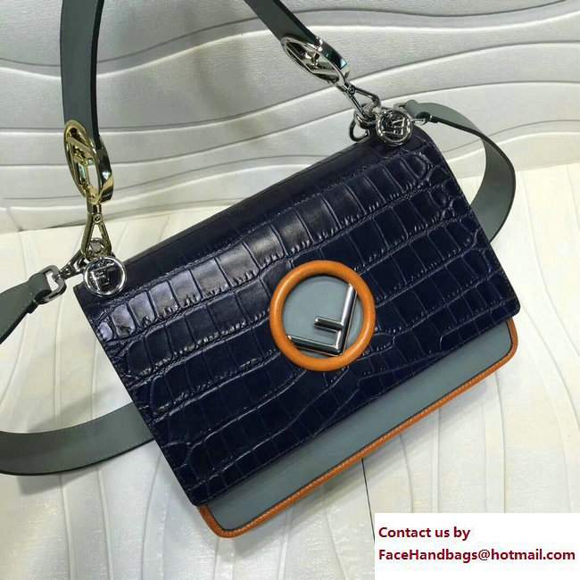 Fendi Croco Pattern Flap Medium Kan I Logo Bag Dark Blue 2017