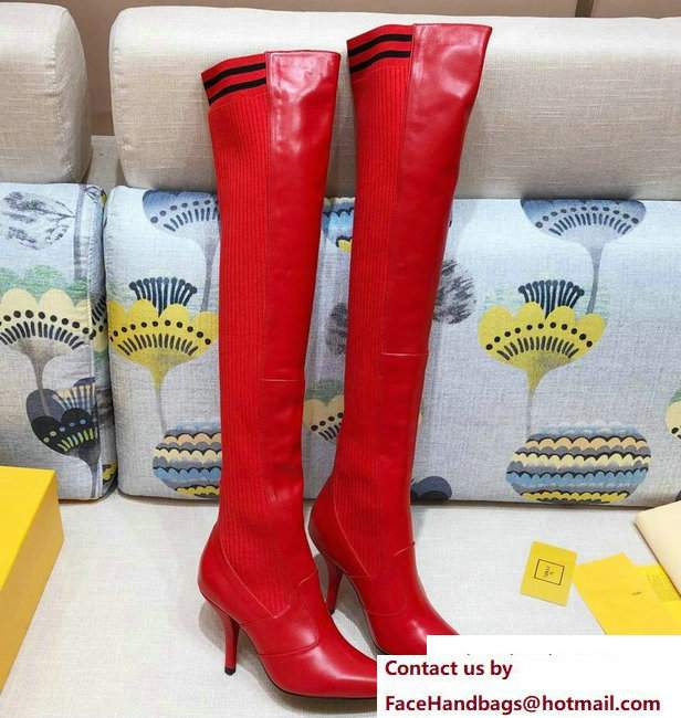 Fendi Heel 9cm Stretch Fabric Inserts Rockoko Cuissard Boots Red 2018