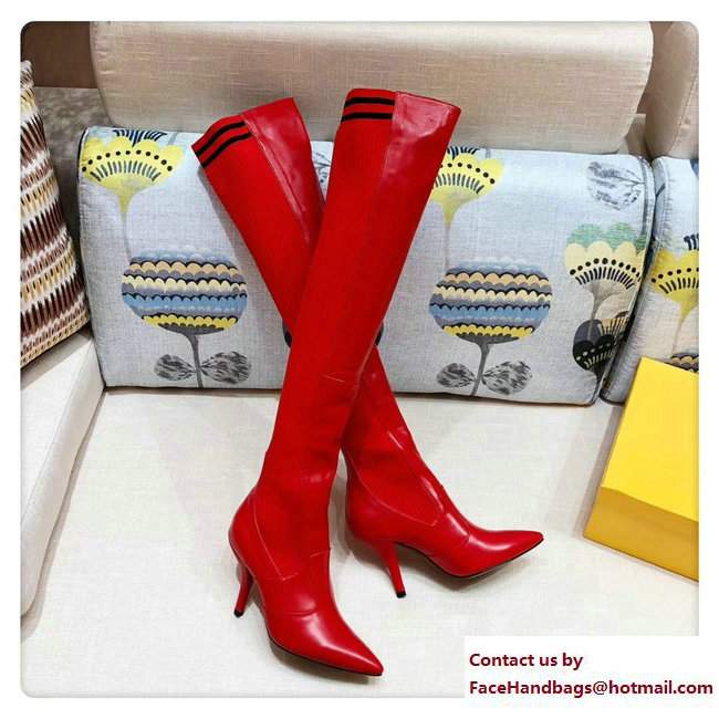 Fendi Heel 9cm Stretch Fabric Inserts Rockoko Cuissard Boots Red 2018