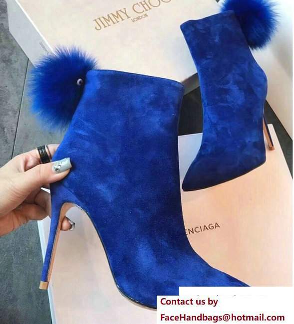 Jimmy Choo Fox Fur Pom Poms Suede Tesler Booties Blue 2017