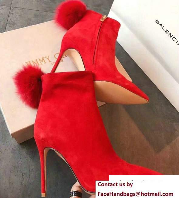 Jimmy Choo Fox Fur Pom Poms Suede Tesler Booties Red 2017