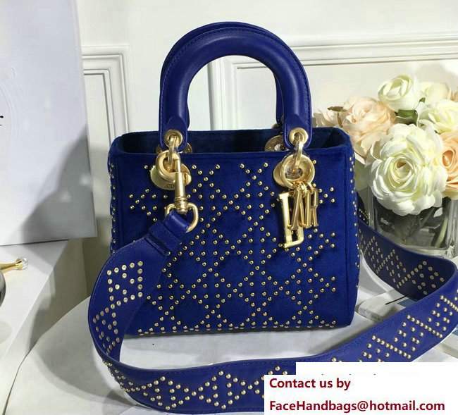 Lady Dior Suede Calfskin Studded Bag Blue 2017