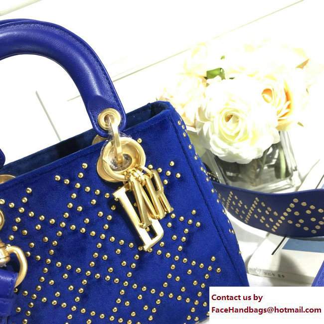 Lady Dior Suede Calfskin Studded Bag Blue 2017