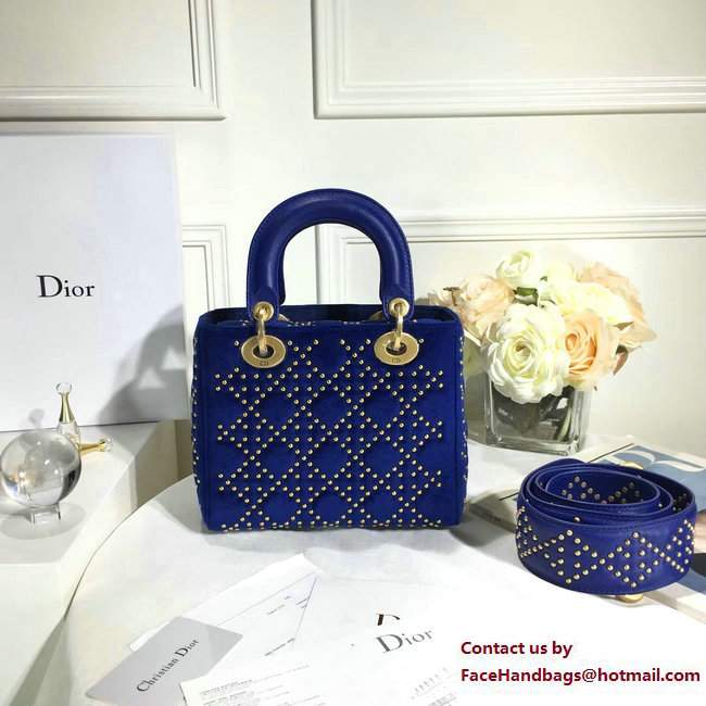 Lady Dior Suede Calfskin Studded Bag Blue 2017