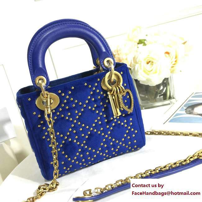 Lady Dior Suede Calfskin Studded Mini Bag Blue 2017