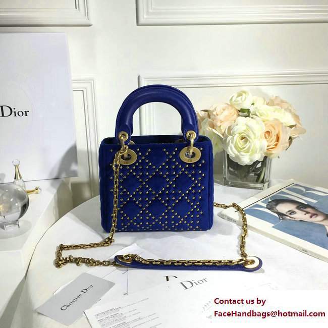 Lady Dior Suede Calfskin Studded Mini Bag Blue 2017