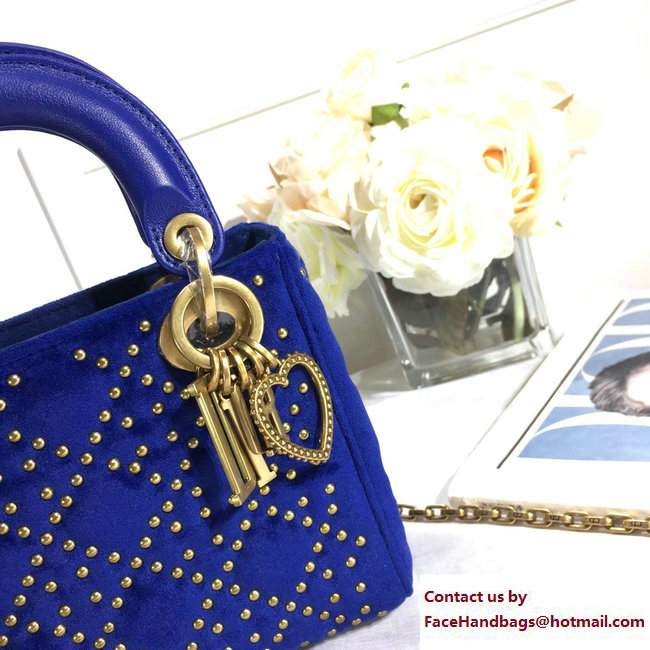 Lady Dior Suede Calfskin Studded Mini Bag Blue 2017