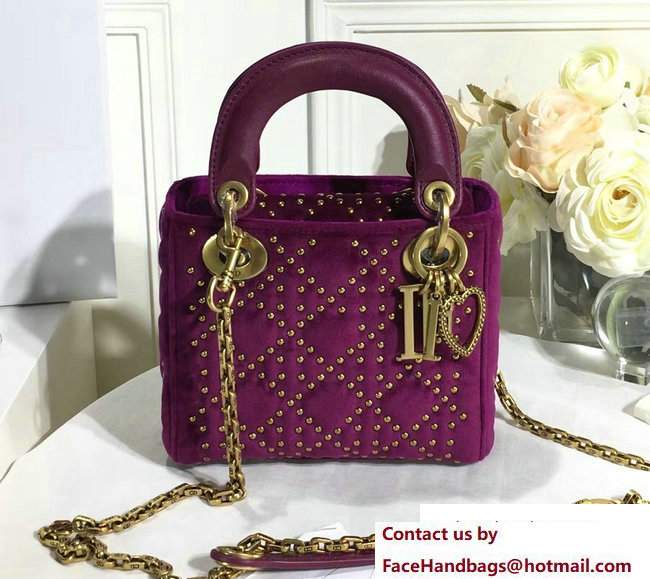 Lady Dior Suede Calfskin Studded Mini Bag Purple 2017