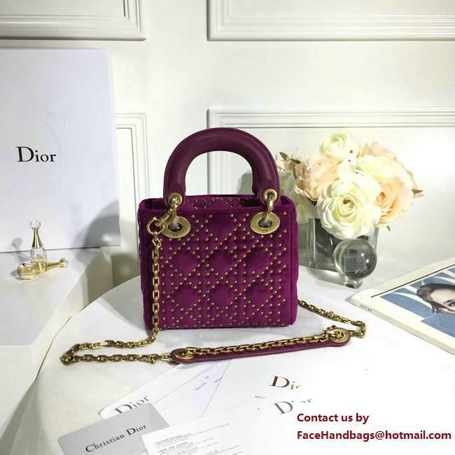 Lady Dior Suede Calfskin Studded Mini Bag Purple 2017