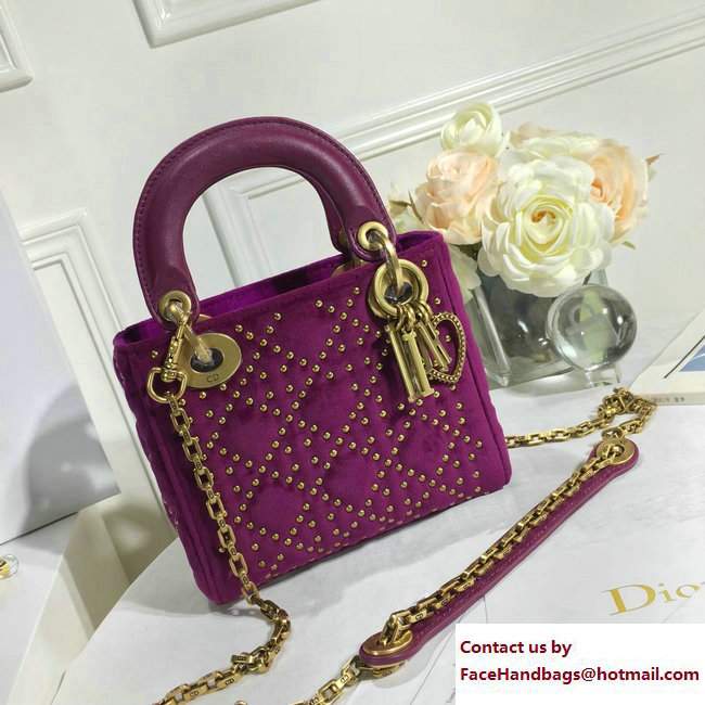 Lady Dior Suede Calfskin Studded Mini Bag Purple 2017