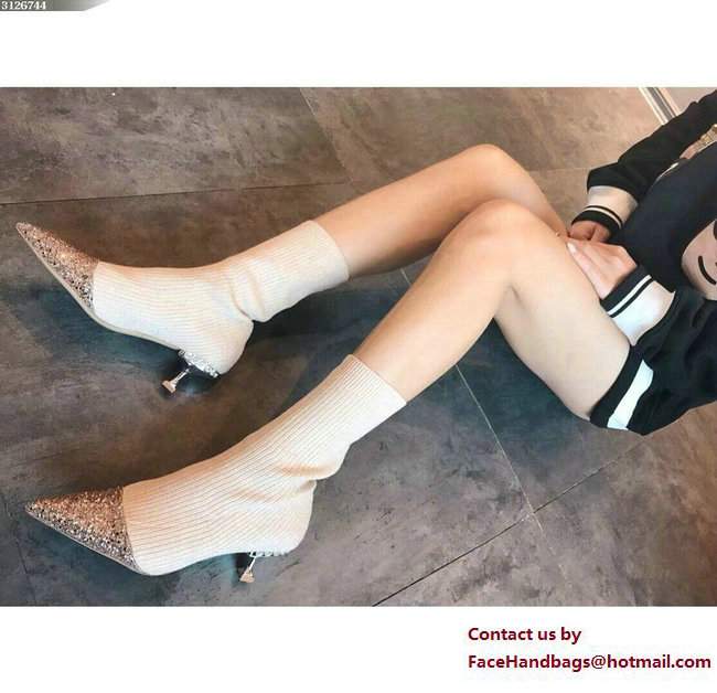 Miu Miu Heel 5.5cm Crystal Glitter Rib-Knit Sock-Style Ankle Boots Beige 2018