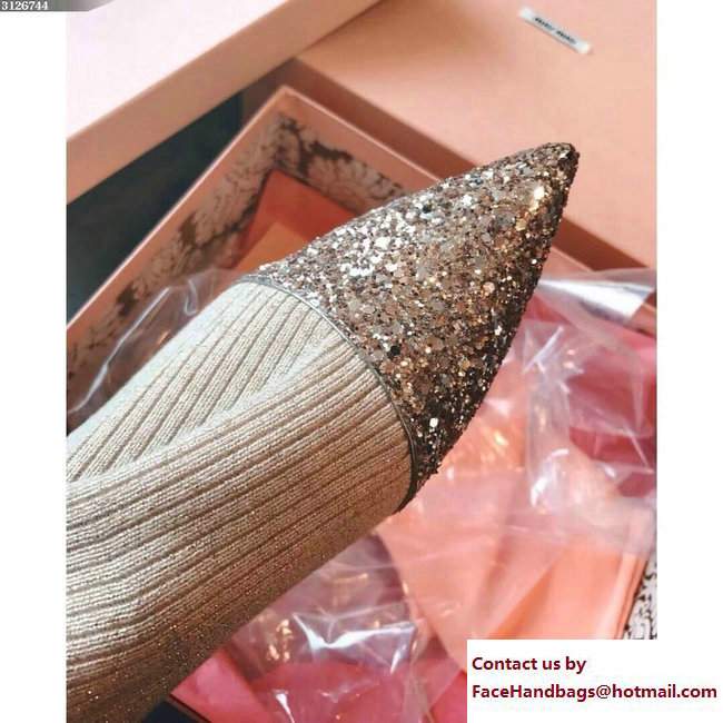 Miu Miu Heel 5.5cm Crystal Glitter Rib-Knit Sock-Style Ankle Boots Beige 2018