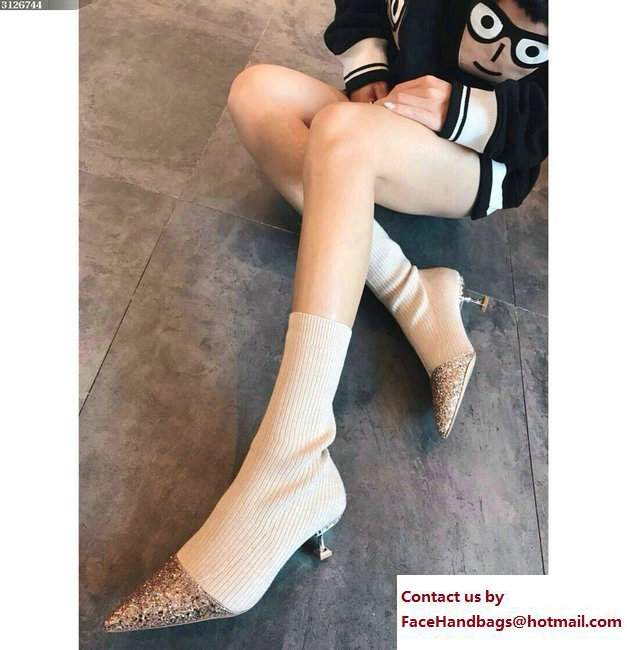 Miu Miu Heel 5.5cm Crystal Glitter Rib-Knit Sock-Style Ankle Boots Beige 2018