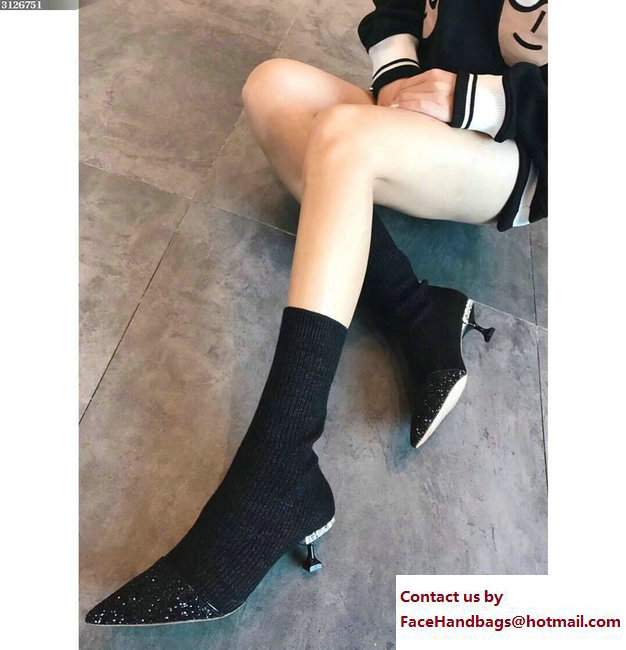 Miu Miu Heel 5.5cm Crystal Glitter Rib-Knit Sock-Style Ankle Boots Black 2018