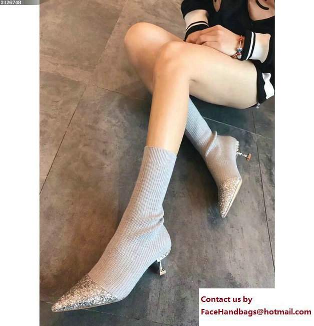 Miu Miu Heel 5.5cm Crystal Glitter Rib-Knit Sock-Style Ankle Boots Gray 2018