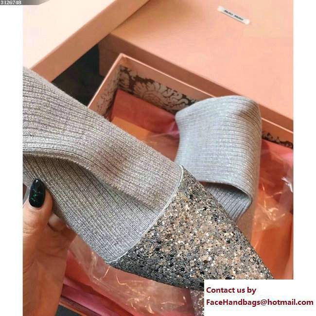 Miu Miu Heel 5.5cm Crystal Glitter Rib-Knit Sock-Style Ankle Boots Gray 2018