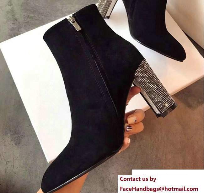 Rene Caovilla Heel 9cm Suede Ankle Boots Black With Gun Color Rhinestones 2017