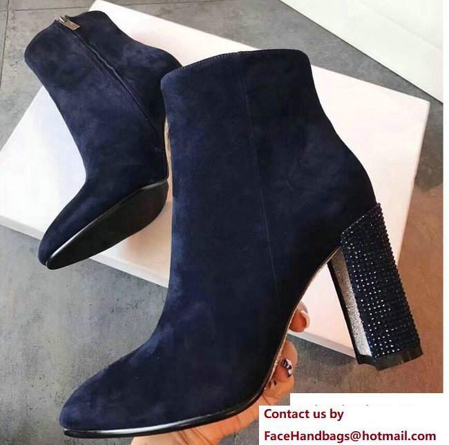 Rene Caovilla Heel 9cm Suede Ankle Boots Navy Blue With Rhinestones 2017