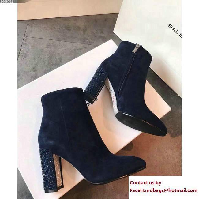 Rene Caovilla Heel 9cm Suede Ankle Boots Navy Blue With Rhinestones 2017