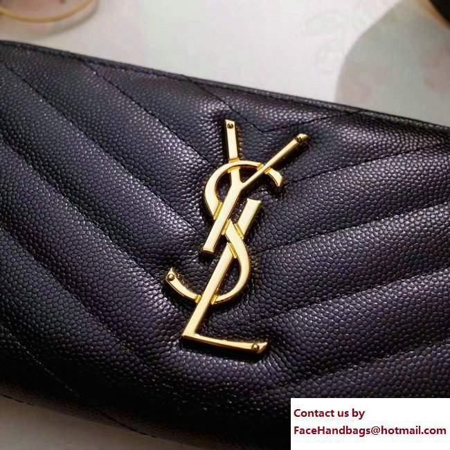 Saint Laurent Grained Leather Monogram Zip Around Wallet 358094 Black/Gold