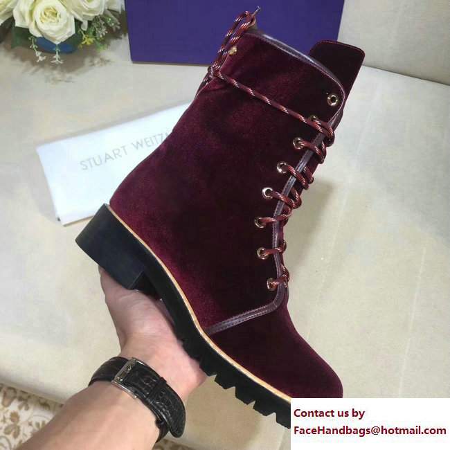 Stuart Weitzman Velvet Ankle-Wrap Laces Metermaid Boots Burgundy 2017