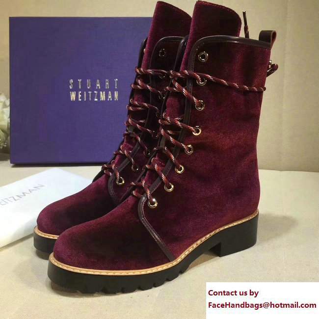 Stuart Weitzman Velvet Ankle-Wrap Laces Metermaid Boots Burgundy 2017