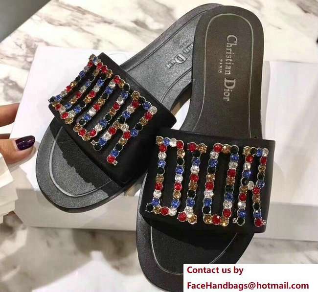 Dior Adorned With Multicolor D.I.O.R Logo Mules Sandals Crystals Black 2018