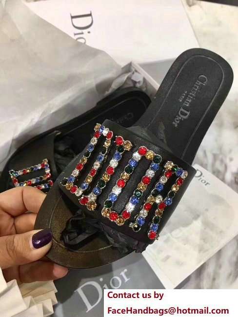 Dior Adorned With Multicolor D.I.O.R Logo Mules Sandals Crystals Black 2018