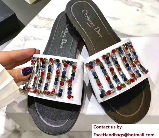 Dior Adorned With Multicolor D.I.O.R Logo Mules Sandals Crystals White 2018