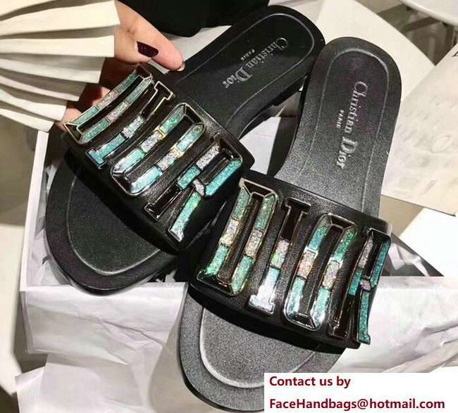 Dior Adorned With Multicolor D.I.O.R Logo Mules Sandals Mosaic Turquoise Black 2018