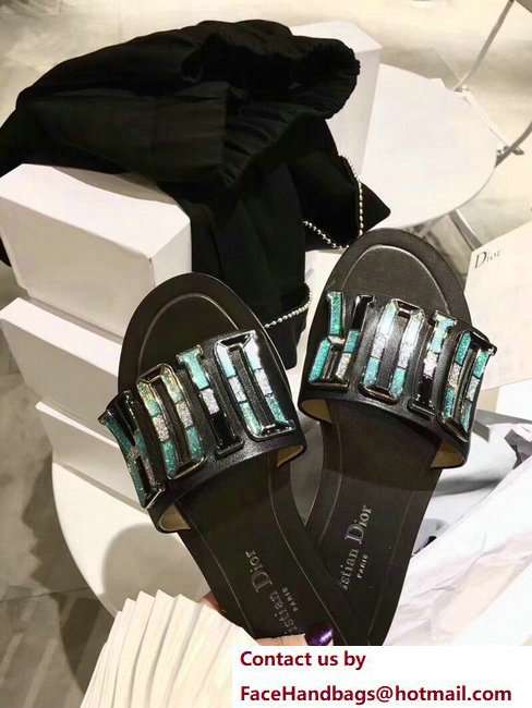 Dior Adorned With Multicolor D.I.O.R Logo Mules Sandals Mosaic Turquoise Black 2018