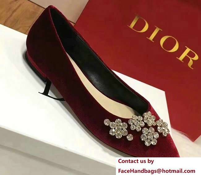 Dior Ballet Pumps In Dark Red Velvet Adorned With Swarovski Rhinestones Cruise 2018