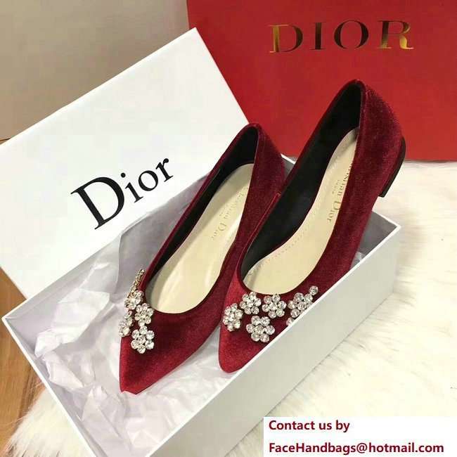 Dior Ballet Pumps In Dark Red Velvet Adorned With Swarovski Rhinestones Cruise 2018