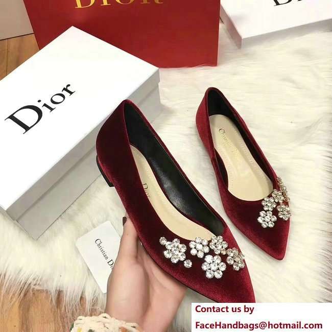 Dior Ballet Pumps In Dark Red Velvet Adorned With Swarovski Rhinestones Cruise 2018