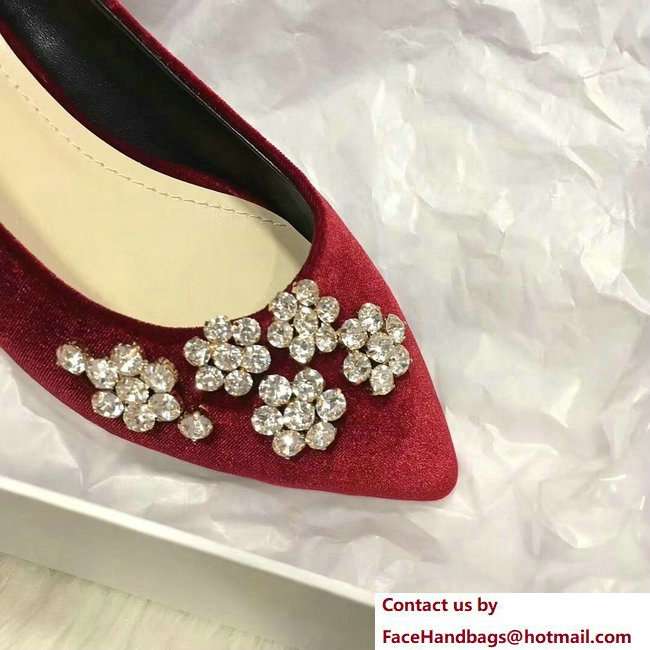 Dior Ballet Pumps In Dark Red Velvet Adorned With Swarovski Rhinestones Cruise 2018