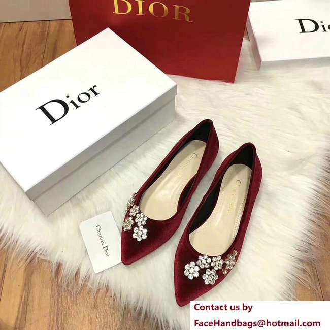 Dior Ballet Pumps In Dark Red Velvet Adorned With Swarovski Rhinestones Cruise 2018