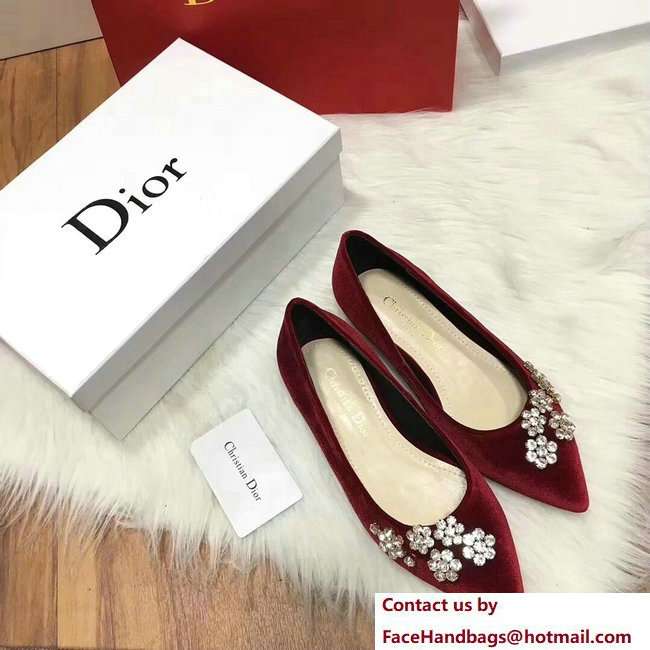 Dior Ballet Pumps In Dark Red Velvet Adorned With Swarovski Rhinestones Cruise 2018